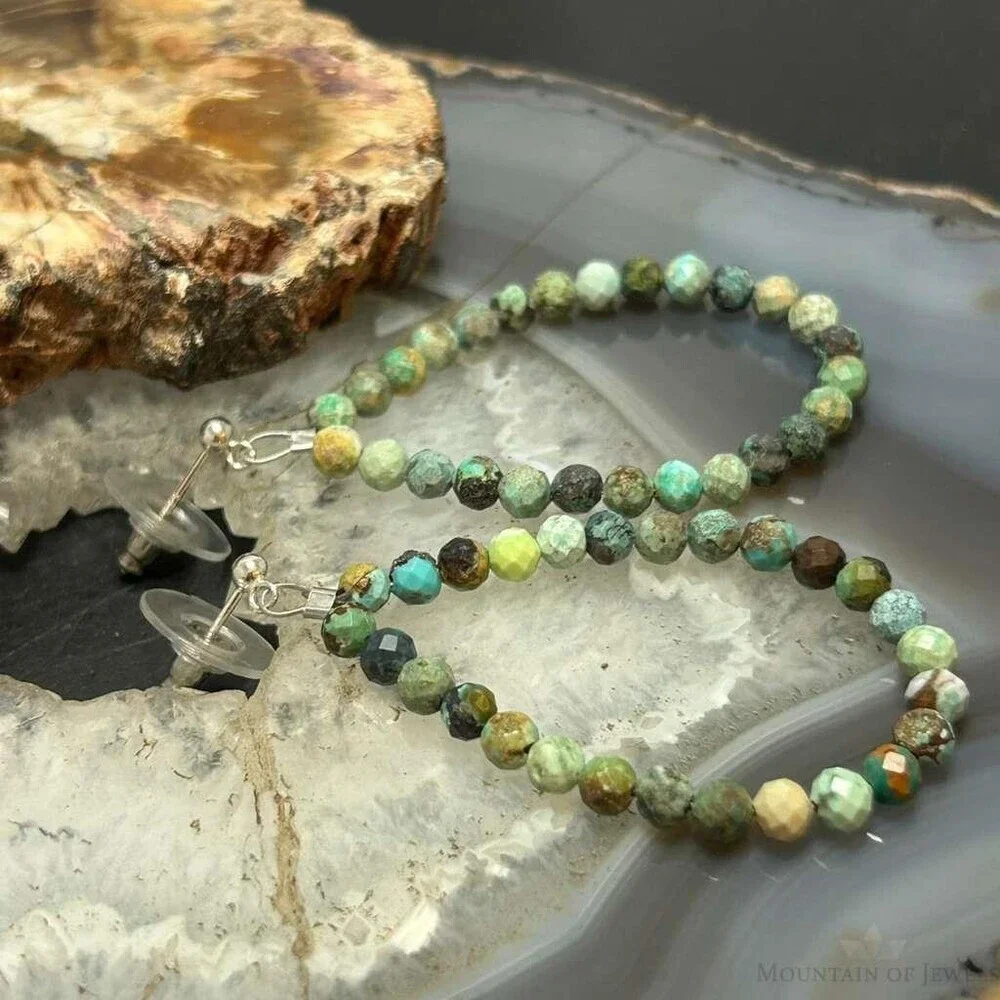 Sterling Silver Faceted Hubei Turquoise Beads Hoop Earrings For Women